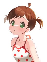 Rule 34 | ahoge, blouse, blush, brown hair, collarbone, commentary request, flat chest, green eyes, highres, idolmaster, idolmaster million live!, kinoshita hinata, looking at viewer, open mouth, polka dot, polka dot shirt, shirt, short hair, short twintails, sukoyaka (100hituzi), tank top, twintails, upper body, white background, white shirt