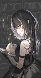 Rule 34 | 1girl, adapted costume, black hair, book, bookshelf, breasts, grey hair, highres, holding, holding book, hololive, hololive english, kitada mo, looking at viewer, looking back, medium hair, multicolored hair, open book, open mouth, reading, shiori novella, smile, solo, split-color hair, two-tone hair, virtual youtuber, yellow eyes