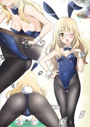 Rule 34 | 1girl, animal ears, ass, banknote, bare shoulders, blonde hair, blush, breasts, covered navel, detached collar, dollar bill, fake animal ears, fishnet pantyhose, fishnets, from behind, glasses, hand on own hip, leotard, long hair, looking at viewer, medium breasts, minpei ichigo, money, multiple views, pantyhose, perrine h. clostermann, playboy bunny, poker chip, rabbit ears, rabbit tail, shiny skin, standing, strapless, strapless leotard, strike witches, tail, world witches series, wrist cuffs, yellow eyes
