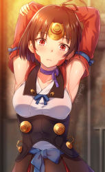 Rule 34 | 10s, 1girl, armpits, arms up, artist name, backlighting, bare shoulders, black skirt, blurry, blush, bow, breasts, brown hair, choker, closed mouth, collarbone, corset, cowboy shot, depth of field, detached sleeves, eyelashes, frown, head tilt, headpiece, holding own arm, japanese clothes, kanden sky, kimono, koutetsujou no kabaneri, long sleeves, looking at viewer, mumei (kabaneri), pleated skirt, purple bow, purple ribbon, red eyes, ribbon, ribbon choker, short hair, shrug (clothing), skirt, sleeveless, sleeveless kimono, solo, topknot, underbust