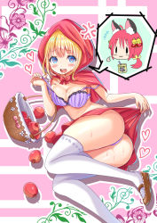 Rule 34 | 1girl, anger vein, apple, ass, bad id, bad pixiv id, basket, blonde hair, blue eyes, bow, bra, breast press, breasts, brown footwear, cloak, drooling, food, fruit, heart, heart-shaped pupils, highres, hood, hooded cloak, little red riding hood (grimm), looking at viewer, lying, medium breasts, miniskirt, on side, open mouth, original, presenting, red hood, red skirt, skirt, snowflake print, solo, speech bubble, strap pull, strap slip, sweat, symbol-shaped pupils, tenzeru, thighhighs, thong, underwear, white thighhighs