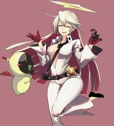 Rule 34 | 1girl, ^ ^, ahoge, belt, between breasts, black gloves, bodysuit, breasts, breasts apart, candy, center opening, chocolate, cleavage, closed eyes, spiked halo, fingernails over gloves, food, gloves, guilty gear, guilty gear xrd, hair between eyes, halo, highres, jack-o&#039; valentine, jewelry, lollipop, long hair, medium breasts, minion (guilty gear), multicolored hair, necklace, no bra, open mouth, purple background, rdc7229, red gloves, red hair, simple background, smile, solo, standing, standing on one leg, strap between breasts, swept bangs, teeth, thighs, two-tone hair, upper teeth only, very long hair, white hair