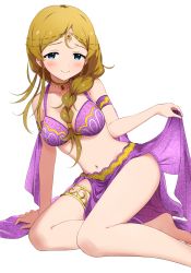 Rule 34 | 1girl, arm support, armlet, bikini, bikini top only, blush, bra, braid, braided ponytail, breasts, collarbone, dancer, dani-ikapi, forehead jewel, hair between breasts, harem outfit, headwear request, highres, holding, holding clothes, idolmaster, idolmaster million live!, idolmaster million live! theater days, kneeling, light brown hair, looking at viewer, medium breasts, midriff, multicolored bra, multicolored clothes, navel, pelvic curtain, purple bikini, purple bra, purple shawl, revealing clothes, shawl, shinomiya karen, simple background, single braid, smile, solo, swimsuit, thigh strap, thighs, underwear, white background