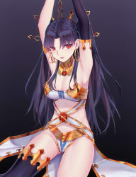 Rule 34 | 1girl, absurdres, anklet, armlet, armpits, arms up, asymmetrical legwear, asymmetrical sleeves, bad id, bad pixiv id, black background, black hair, blush, breasts, bridal gauntlets, cleavage, crown, detached collar, detached sleeves, earrings, elbow gloves, fate/grand order, fate (series), gloves, highres, hoop earrings, ishtar (fate), ishtar (fate), jewelry, long hair, looking at viewer, navel, red eyes, simple background, single detached sleeve, single elbow glove, single sleeve, single thighhigh, sitting, small breasts, solo, thighhighs, thighs, tiara, two side up, uneven legwear, uneven sleeves