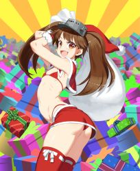 Rule 34 | 1girl, :d, ass, bag, bikini, blush, bow, brown hair, capelet, christmas, cowboy shot, fang, female focus, flat chest, from side, gift, gloves, hat, highres, holding, holding bag, kantai collection, long hair, looking at viewer, looking to the side, open mouth, red bikini, red skirt, ribbon, ryuujou (kancolle), sack, santa costume, santa hat, skirt, smile, solo, standing, swimsuit, takoyaki neko-san, thighhighs, twintails