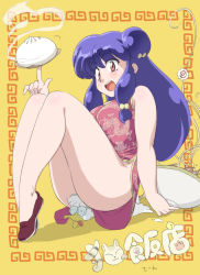 Rule 34 | 1boy, 1girl, baozi, bowl, china dress, chinese clothes, dress, food, framed, glasses, highres, kamaboko, mage (harumagedon), mousse (duck) (ranma 1/2), mousse (ranma 1/2), narutomaki, noodles, ramen, ranma 1/2, shampoo (ranma 1/2), shoes, sitting, sitting on person, smile, steam, text focus, translation request
