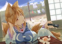 Rule 34 | 1girl, alternate hair length, alternate hairstyle, animal, animal ear fluff, animal ears, arm support, bell, bird, blue sky, breast rest, breasts, breasts on table, chicken, collar, commentary request, controller, day, dress, dutch angle, earrings, extra ears, food, fox ears, fox tail, fruit, furrowed brow, half-closed eyes, hand on own head, hands up, head rest, head tilt, highres, holding, holding remote control, indoors, jewelry, kagami toufu, knee up, large breasts, laundry, laundry pole, light brown hair, long hair, long sleeves, looking at viewer, mandarin orange, multiple tails, neck bell, no headwear, parted lips, reflection, remote control, sky, solo, tabard, table, tail, touhou, upper body, white dress, yakumo ran