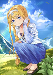 Rule 34 | 1girl, absurdres, alice zuberg, black footwear, blonde hair, blue eyes, blue skirt, blue sky, bow, braid, brown flower, closed mouth, cloud, cloudy sky, commentary request, day, flower, full body, grass, grey hairband, hair between eyes, hair bow, tucking hair, hairband, hand up, highres, layered sleeves, long hair, long sleeves, looking at viewer, mosta (lo1777789), mountain, outdoors, sandals, shirt, short over long sleeves, short sleeves, sidelocks, skirt, sky, sleeves past wrists, smile, solo, squatting, sword art online, sword art online: alicization, very long hair, white bow, white flower, white shirt