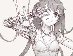 Rule 34 | 1girl, :d, android, android girl (itou), bra, breasts, cable, commentary request, greyscale, itou (onsoku tassha), joints, lineart, looking at viewer, mechanical parts, monochrome, one eye closed, open mouth, original, robot joints, small breasts, smile, twintails, underwear, v, v over eye