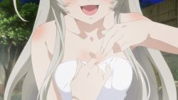 Rule 34 | 1girl, animated, animated gif, between breasts, breasts, cleavage, close-up, haiyore! nyaruko-san, medium breasts, nyarlathotep (nyaruko-san), silver hair, solo, towel