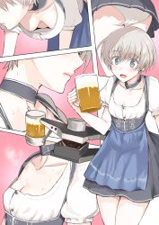 Rule 34 | 10s, 1girl, :d, alcohol, apron, beer, beer mug, blue apron, blue eyes, breasts, cleavage, close-up, collarbone, cup, dirndl, downblouse, german clothes, hanging breasts, head out of frame, highres, kantai collection, lips, mug, multiple views, neck, no bra, ogros, open mouth, panties, pantyshot, short hair, silver hair, small breasts, smile, sweat, underwear, waist apron, white panties, z1 leberecht maass (kancolle)