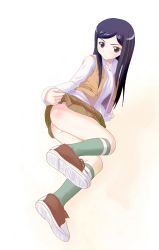 Rule 34 | 00s, 1girl, ass, clothes lift, highres, kneehighs, kuga natsuki, lifting own clothes, my-hime, no panties, pleated skirt, school uniform, shoe soles, shoes, skirt, skirt lift, sneakers, socks, solo