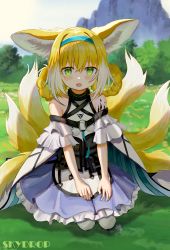 Rule 34 | 1girl, absurdres, animal ear fluff, animal ears, aqua hairband, arknights, artist name, blonde hair, blush, dress, flower, fox ears, fox girl, fox tail, grass, green eyes, hair rings, hairband, highres, kitsune, kyuubi, lily of the valley, material growth, mountain, multicolored hair, multiple tails, open mouth, oripathy lesion (arknights), outdoors, sitting, skydrop, solo, sunlight, suzuran (arknights), tail, tree