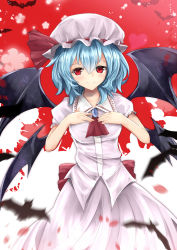 Rule 34 | 1girl, bat (animal), bat wings, blue hair, breasts, brooch, ascot, hands on own chest, hat, hat ribbon, highres, jewelry, looking at viewer, mob cap, puffy short sleeves, puffy sleeves, red background, red eyes, remilia scarlet, ribbon, short hair, short sleeves, sinkai, skirt, skirt set, small breasts, smile, solo, splatter, touhou, two-tone background, white background, wings