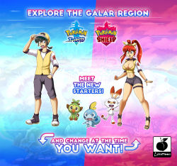 Rule 34 | 1boy, 1girl, bandana, baseball cap, black hair, blue eyes, bracelet, breasts, cleavage, collarbone, creatures (company), crossover, dual persona, full body, game freak, gen 8 pokemon, grookey, hat, high heels, highres, jewelry, large breasts, linkartoon, long hair, midriff, navel, nintendo, open mouth, poke ball, pokemon, pokemon (creature), pokemon swsh, ranma-chan, ranma 1/2, red hair, saotome ranma, scorbunny, shirt, shoes, shorts, smile, sneakers, sobble, standing, sweatdrop, teeth, text focus, thighlet, toes, twintails, upper teeth only, vest, white shirt