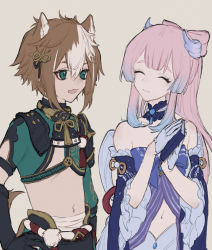 Rule 34 | 1boy, 1girl, animal ears, armor, bandages, blue eyes, blue hair, bow, brown hair, closed eyes, closed mouth, detached sleeves, dog boy, dog ears, fang, genshin impact, gloves, gorou (genshin impact), gradient hair, grey background, hair ornament, hands on own hips, highres, japanese armor, japanese clothes, kmkm panna, long hair, multicolored hair, own hands together, parted lips, pink hair, sangonomiya kokomi, simple background, skin fang, streaked hair, tassel, vision (genshin impact), white hair