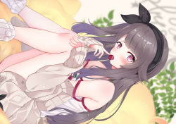Rule 34 | 1girl, absurdres, armpit crease, azur lane, bare legs, bare shoulders, beige sweater, black hair, black hairband, blush, buttons, cherry, cherry print, commentary request, covered mouth, dot nose, feet out of frame, food, food print, from side, fruit, hairband, hand on own knee, highres, holding, holding food, indoors, kurorakudaaa, long hair, long sleeves, looking at viewer, no pants, official alternate costume, pamiat merkuria (azur lane), pamiat merkuria (sweet cherry memories) (azur lane), plant, pom pom (clothes), purple eyes, sidelocks, sitting, sleeve cuffs, sleeves past wrists, socks, solo, strap slip, swept bangs, tank top, thighs, white socks
