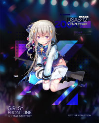 Rule 34 | 1girl, alternate hairstyle, automatic shotgun, blue dress, blue hair, blush, boots, bow, bowtie, choker, combat shotgun, cropped jacket, damaged, dirty, dress, drill hair, drill sidelocks, frills, full body, girls&#039; frontline, gradient hair, gun, hair between eyes, hair ornament, hair ribbon, high heel boots, high heels, holding, holding shield, idol, jacket, kneeling, layered dress, long hair, long sleeves, looking at viewer, multicolored hair, name connection, no shoes, object namesake, official alternate costume, official art, open mouth, purple eyes, ribbon, shenbei xiaoqiu, shield, shotgun, sidelocks, solo, star (symbol), star hair ornament, thighhighs, torn clothes, usas-12, usas-12 (girls&#039; frontline), usas-12 (vrain power) (girls&#039; frontline), very long hair, watermark, weapon, weapon on back, white thighhighs