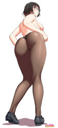 Rule 34 | 1girl, amagamido, ass, back, black footwear, black hair, black panties, blush, breasts, brown pantyhose, curvy, foreshortening, from behind, from below, full body, grey-framed eyewear, highres, hip focus, jimiko-san to namahame sex shimasen ka?, jimiko (amagamido), loafers, looking to the side, over-rim eyewear, panties, panties under pantyhose, pantyhose, parted lips, pink eyes, semi-rimless eyewear, shoes, short hair, simple background, solo, standing, thick thighs, thighs, topless, underwear, white background, wide hips