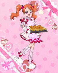 Rule 34 | 1girl, apron, cupcake, food, food-themed hair ornament, full body, hair ornament, highres, kirakira precure a la mode, long hair, mittens, official art, open mouth, orange hair, precure, precure connection puzzlun, red eyes, smile, solo, strawberry hair ornament, third-party source, twintails, usami ichika