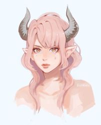 Rule 34 | 1girl, artist name, clivenzu, commentary, completely nude, demon girl, demon horns, english commentary, highres, horns, looking at viewer, mole, mole under eye, nude, orange eyes, original, pink hair, pink lips, pointy ears, portrait, sanpaku, simple background, solo, tears, white background