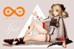 Rule 34 | 1girl, arknights, bare shoulders, black footwear, black ribbon, blonde hair, character name, chya (p chihaya), commentary, fire, grey background, grin, horns, ifrit (arknights), leg ribbon, long sleeves, looking at viewer, low twintails, material growth, nail polish, originium arts (arknights), oripathy lesion (arknights), red eyes, red nails, rhine lab logo, rhodes island logo (arknights), ribbon, shoes, short hair, simple background, sitting, smile, solo, thigh strap, thighs, toeless footwear, twintails, wide sleeves