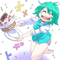 Rule 34 | 1girl, aono3, aqua hair, barefoot, black panties, blush stickers, bow, bow panties, cake, closed eyes, food, no pants, open mouth, panties, plate, simple background, solo, striped clothes, striped panties, tatara kogasa, touhou, underwear, white background