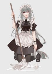 Rule 34 | 1girl, alternate costume, apron, arknights, ascot, black ascot, black dress, black footwear, black pantyhose, bracelet, breasts, cup, dress, enmaided, frilled shirt collar, frills, full body, grey background, highres, holding, holding mop, jewelry, kernel killer, kneeling, long hair, maid, maid headdress, medium breasts, mob, mop, open mouth, pantyhose, puffy short sleeves, puffy sleeves, red eyes, shoes, short sleeves, silver hair, simple background, skadi (arknights), solo, spill, very long hair, white apron, wrist cuffs