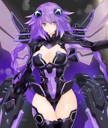 Rule 34 | 1girl, absurdres, blue eyes, braid, breasts, cleavage, cleavage cutout, clothing cutout, commentary request, covered navel, cowboy shot, hair between eyes, hair ornament, headgear, highres, hip focus, large breasts, leotard, long hair, looking at viewer, mechanical wings, neptune (neptunia), neptune (series), outstretched arm, power symbol, power symbol-shaped pupils, purple hair, purple heart (neptunia), serious, shishin (shishintei), skin tight, solo, symbol-shaped pupils, thigh gap, thighhighs, thighs, twin braids, twintails, very long hair, wings