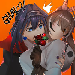 Rule 34 | !?, 2girls, berry, biting, black hair, blue eyes, blue hair, blue nails, bow, bow earrings, breasts, brown eyes, brown hair, chain, earrings, fangs, gloves, hair between eyes, highres, hololive, hololive english, hood, hood down, jewelry, long hair, minecraft, multicolored hair, multiple girls, nail polish, nanashi mumei, one eye closed, open mouth, orange background, ouro kronii, ponytail, ro g (oowack), simple background, slit pupils, teeth, tongue, upper body, vampire, virtual youtuber, white hair, yuri