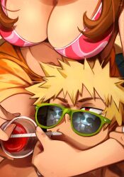 Rule 34 | 1boy, 1girl, absurdres, bakugou katsuki, bikini, blonde hair, boku no hero academia, breasts, brown hair, character request, check character, cleavage, commentary, copyright request, cup, doctor, drink, drinking straw, drinking straw in mouth, english commentary, head out of frame, highres, holding, holding cup, khyle., large breasts, looking up, medium hair, navel, pink bikini, red eyes, reflection, short hair, solo focus, spiked hair, sunglasses, swimsuit, uraraka ochako