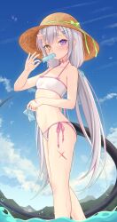 Rule 34 | 1girl, bikini, blue sky, blush, breasts, cloud, day, eating, food, green ribbon, grey hair, hair ornament, hairclip, hat, hat ribbon, heartsix, heterochromia, highres, holding, holding food, holding popsicle, horns, long hair, looking at viewer, multicolored hair, navel, original, outdoors, pink hair, popsicle, purple eyes, ribbon, scar, scar across eye, scar on leg, single horn, sky, small breasts, solo, stomach, streaked hair, sun hat, swimsuit, tail, twintails, water, white bikini, yellow eyes