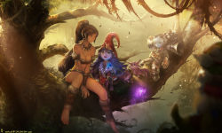 Rule 34 | 3girls, ankle wrap, barefoot, breasts, brown eyes, brown hair, cannon, cannonball, cleavage, dark-skinned female, dark skin, green eyes, has bad revision, hat, high ponytail, highres, instant ip, league of legends, loincloth, long hair, lulu (league of legends), md5 mismatch, medium breasts, multiple girls, nidalee, pix (league of legends), pointy ears, resized, resolution mismatch, sitting, smile, source smaller, sunlight, teemo, toeless legwear, tree, tristana, upscaled, yordle