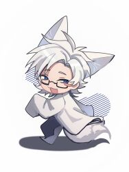 Rule 34 | 1boy, :3, absurdres, animal ears, ashao35846, blue eyes, blush stickers, chinese commentary, commentary request, fox boy, fox ears, fox tail, glasses, highres, kanou aogu, kemonomimi mode, lab coat, long sleeves, male focus, open mouth, rectangular eyewear, running, saibou shinkyoku, semi-rimless eyewear, short hair, single blush sticker, sleeves past fingers, sleeves past wrists, solo, tail, white hair