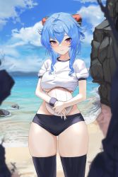 Rule 34 | 1girl, absurdres, ahoge, alternate costume, ball, beach, blouse, blue hair, blue sky, blush, breasts, dolri, ganyu (genshin impact), genshin impact, highres, horns, large breasts, long hair, looking at viewer, purple eyes, shirt, sky, solo, thighs, volleyball (object), water, white shirt, wide hips