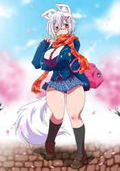 Rule 34 | 1girl, alternate costume, animal ears, bag, bespectacled, black socks, blush, breasts, candy, expressionless, food, glasses, hat, highres, huge breasts, inubashiri momiji, charm (object), kneehighs, loafers, lollipop, looking at viewer, oobashin, open mouth, red eyes, school uniform, shameimaru aya, shoes, short hair, silver hair, skirt, socks, solo, tail, touhou, wolf ears, wolf tail