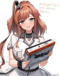 Rule 34 | 1girl, absurdres, blue eyes, blush, box, box art, breast pocket, breasts, brown hair, dawn 1945, dress, english text, f6f hellcat, hair between eyes, hair ornament, high side ponytail, highres, kantai collection, large breasts, long hair, looking at viewer, model kit, open mouth, pocket, ponytail, saratoga (kancolle), saratoga mk ii (kancolle), side ponytail, smile, smokestack, solo, twitter username, white background, white dress