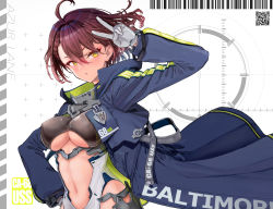 Rule 34 | 1girl, ahoge, azur lane, baltimore (azur lane), blue jacket, breasts, brown hair, character name, commentary, copyright name, english commentary, english text, esozima gari, eyelashes, gloves, highres, jacket, looking at viewer, medium hair, navel, solo, underboob, upper body, v, white gloves, yellow eyes