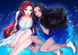 Rule 34 | 2girls, anne (annene), bad id, bad pixiv id, black hair, blue eyes, blush, breasts, cleavage, dress, ice skates, jacket, jewelry, long hair, looking at viewer, medium breasts, mila babicheva, multiple girls, necklace, open mouth, purple eyes, red hair, sara crispino, sitting, skates, smile, track jacket, yuri!!! on ice