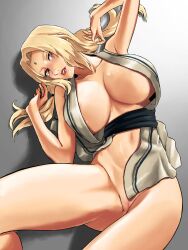 Rule 34 | 1girl, absurdres, bare shoulders, barefoot, blonde hair, blush, breasts, brown eyes, cleavage, collarbone, commentary, english commentary, facial mark, fingernails, forehead mark, highres, huge breasts, indoors, japanese clothes, long hair, looking at viewer, lying, mature female, naruto, naruto (series), naughty face, on side, parted bangs, parted lips, sherumaru (korcht06), smile, solo, thick thighs, thighs, tsunade (naruto)