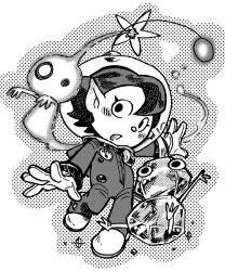 Rule 34 | 1girl, alien, backpack, bag, blush stickers, boots, buttons, commentary, cowlick, eyelashes, flower, gauge, ghost pose, ghost tail, gloves, glow pikmin, greyscale, helmet, highres, ice, ice pikmin, light blush, looking at viewer, monochrome, nintendo, no mouth, open mouth, outstretched arms, pikmin (creature), pikmin (series), pointy ears, rescue officer (pikmin), radio antenna, short hair, sitting, solid circle eyes, space helmet, spacesuit, taichohanuma, whistle, white background