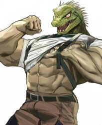 Rule 34 | 1boy, abs, bara, brown pants, caiman (dorohedoro), clenched hand, clothes lift, dorohedoro, fangs, flexing, furry, furry male, hand under clothes, harness, highres, lizardman, looking at viewer, male focus, muscular, muscular male, open mouth, pants, pectorals, reptile boy, shirt, shirt lift, tokuni (toktoktokuni), white background, white shirt