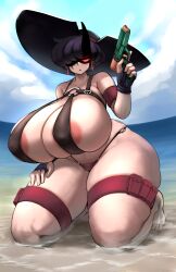 Rule 34 | 1girl, absurdres, areola slip, beach, big hair, bikini, black hair, black horns, borrowed character, breasts, chestnut mouth, cloud, curvy, day, earrings, female focus, fingerless gloves, gigantic breasts, gipehtyboo, gloves, hair over one eye, hat, highres, holding, holding water gun, horns, jewelry, kneeling, leglet, looking at viewer, micro bikini, ocean, red eyes, sand, short hair, sky, solo, swimsuit, thick thighs, thighs, water, water gun, wide hips