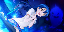 Rule 34 | 1girl, artist request, blue hair, blue skirt, blush, bow, bowtie, crying, crying with eyes open, ghost, highres, hitodama, indoors, kneeling, long hair, love live!, love live! school idol festival all stars, love live! school idol project, miniskirt, official art, open mouth, otonokizaka school uniform, plaid, plaid skirt, pleated skirt, raised eyebrows, red bow, red bowtie, scared, school, school uniform, shirt, short sleeves, skirt, solo, sonoda umi, striped bow, striped bowtie, striped clothes, striped neckwear, summer uniform, sweater vest, swept bangs, tearing up, tears, white shirt, yellow eyes
