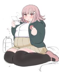 1girl alternate_body_size blunt_bangs brown_thighhighs danganronpa_(series) fat full_body green_hoodie hood hoodie looking_at_viewer medium_hair monomi_(danganronpa) nimo_(b45ui) open_clothes open_hoodie pink_eyes pink_footwear pink_hair pleated_skirt puff_of_air skirt solo thick_thighs thighhighs thighs zettai_ryouiki