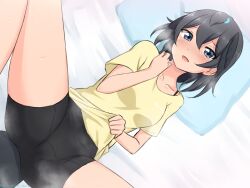 Rule 34 | 1girl, absurdres, bed sheet, bike shorts, bird girl, bird tail, black shorts, blush, bra strap, clothes lift, commentary, from above, head wings, highres, kemono friends, lifting own clothes, looking at viewer, lying, on back, open mouth, pillow, shiraha maru, shirt, shirt lift, short hair, short shorts, shorts, smile, solo, spread legs, steam, superb bird-of-paradise (kemono friends), sweat, t-shirt, tail, wings, yellow shirt