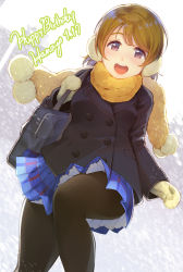 Rule 34 | 1girl, :d, arm at side, bad id, bad pixiv id, bag, black coat, black pantyhose, blue skirt, blush, breasts, brown hair, buttons, character name, coat, commentary request, cowengium, dated, double-breasted, duffel bag, earmuffs, english text, grey mittens, happy birthday, highres, koizumi hanayo, leg up, long sleeves, looking at viewer, love live!, love live! school idol project, medium breasts, miniskirt, mittens, open mouth, orange scarf, outdoors, pantyhose, plaid, plaid skirt, purple eyes, round teeth, scarf, school bag, short hair, skirt, smile, snow, solo, standing, standing on one leg, swept bangs, tareme, teeth, upper teeth only