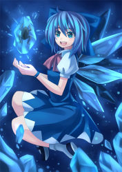 Rule 34 | 1girl, blue eyes, blue hair, bow, cirno, embodiment of scarlet devil, female focus, frog, frozen, frozen frog, full body, gradient background, hair bow, kaizeru, matching hair/eyes, short hair, solo, touhou, wings