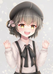 Rule 34 | 1girl, :d, absurdres, beret, black bow, black hat, black ribbon, black skirt, blush, bow, brown eyes, brown hair, claw pose, collared shirt, commentary request, endsmall min, fangs, fingernails, flower, hair between eyes, hair flower, hair ornament, hair ribbon, hair rings, hands up, hat, hatoba tsugu, highres, long sleeves, looking at viewer, mole, mole under eye, open mouth, revision, ribbon, rose, shirt, skirt, smile, solo, suspender skirt, suspenders, v-shaped eyebrows, virtual youtuber, white flower, white rose, white shirt