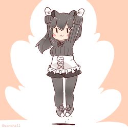 Rule 34 | 1girl, animal ears, arms up, black hair, bow, bowtie, coroha, extra ears, full body, gloves, jumping, kemono friends, long hair, looking at viewer, malayan tapir (kemono friends), pantyhose, pink background, shoes, shorts, simple background, solo, sweater, tapir ears, tapir girl